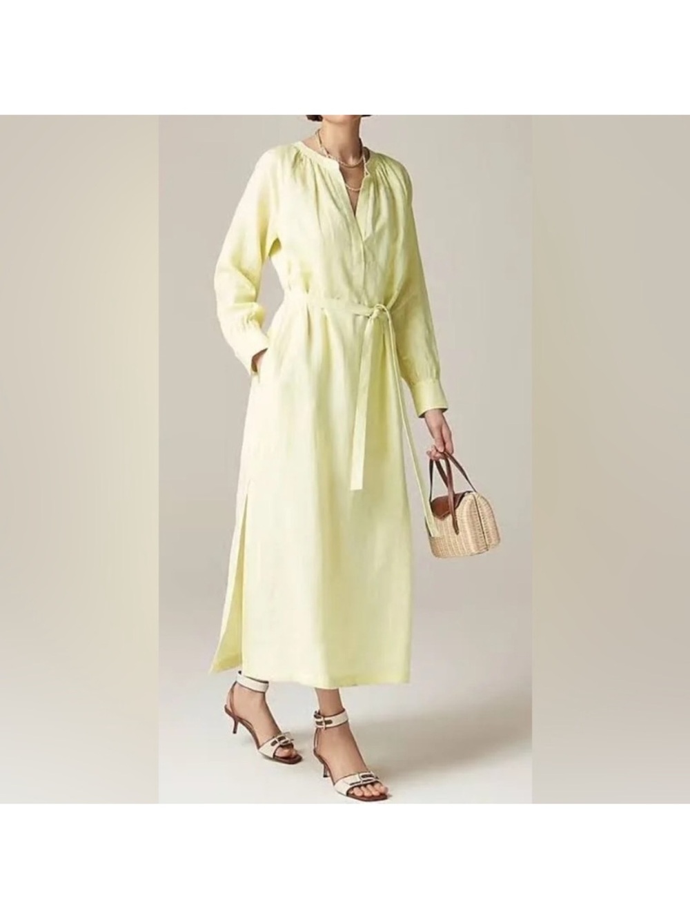 J. Crew Pale Yellow Long-Sleeve Tie-Waist Maxi Dress